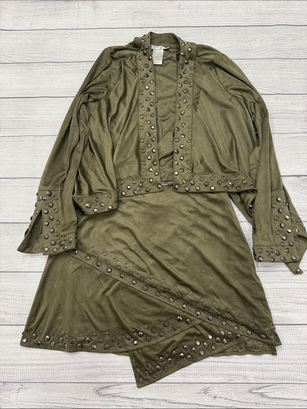 Alberto Makali Olive Green Studded Jacket & Skirt Set Size 8